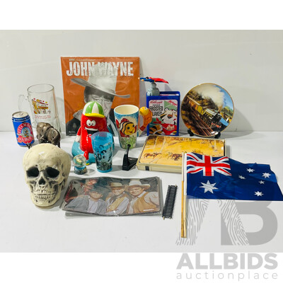 Collection of Memorabilia and Homeware Including John Wayne Calendar, Ettamogah Pub Beer Glass and Pub Brew and More