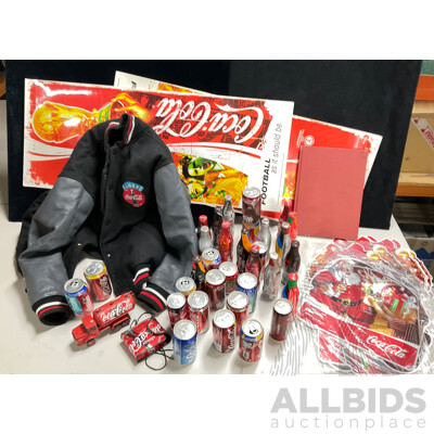 Collection of Coca Cola Items Including 1990's Always Coca Cola Jacket, Collectable Cans and Bottles, Bag and Truck Made From Cans, Retail Signs Including World Cup and Christmas