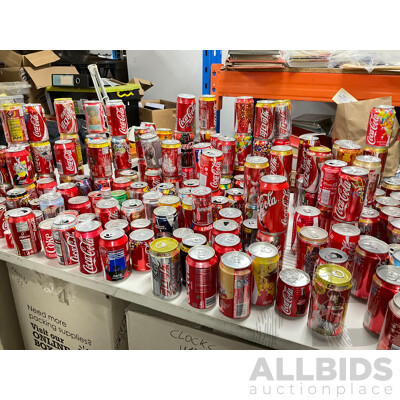 Large Collection of Coca Cola Commemorative and Intentional Cans Including Olympics, World Cup, Superbowl, Vintage Steel and More