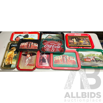 Ten Coca Cola Steel Serving Trays Including Drive Refreshed and Atlanta Georgia