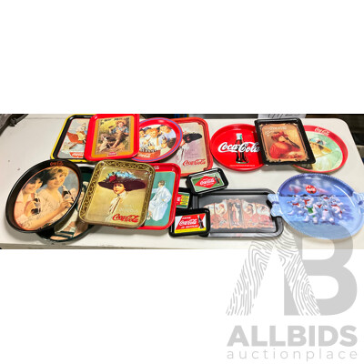 Sixteen Coca Cola Steel and Plastic Serving Trays Including Polar Bears and Classic Advertising