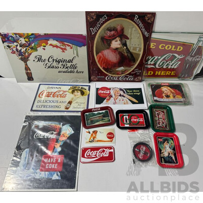 Collection of Coca Cola Steel Advertisement Signs, Plates and Coasters Including Have a Coke and Meet Me at the Soda Fountain