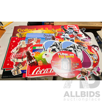 Assortment of Large Coca Cola Pomotional Retail Signs and Stickers Including Easter, Christmas, State of Origin and More, Retailers K-Mart, McDonalds, IGA