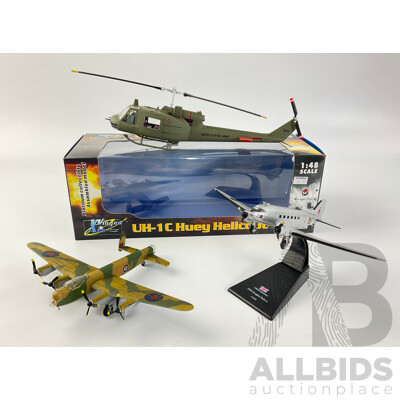 Diecast and Plastic Aircraft Including 1945 Douglas Dakota, Avro Lancaster BMKI and UH-1C Huey Helicopter