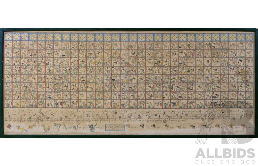 Interesting Vintage Balinese Almanac, Hand Coloured Ink on Cloth, 61 X 145 Cm (frame)