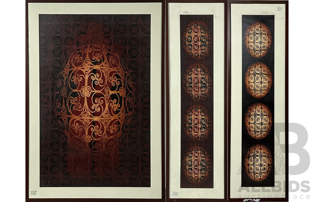 Artist Unknown, Triptych of Ornate Globes, Screenprint, 120 x 38 cm Alongside 2 X 120 x 37 cm (frames)