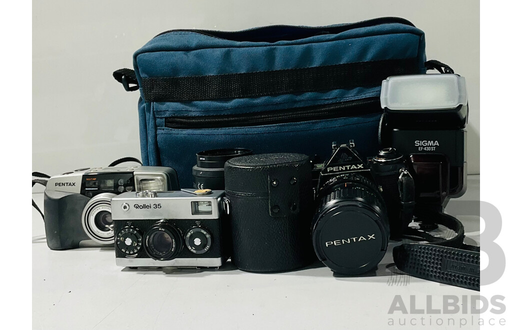 Collection of Vintage Camera and Camera Equipment Including Asahi Pentax ME, Rollei 35, Pentax Espio 95WR