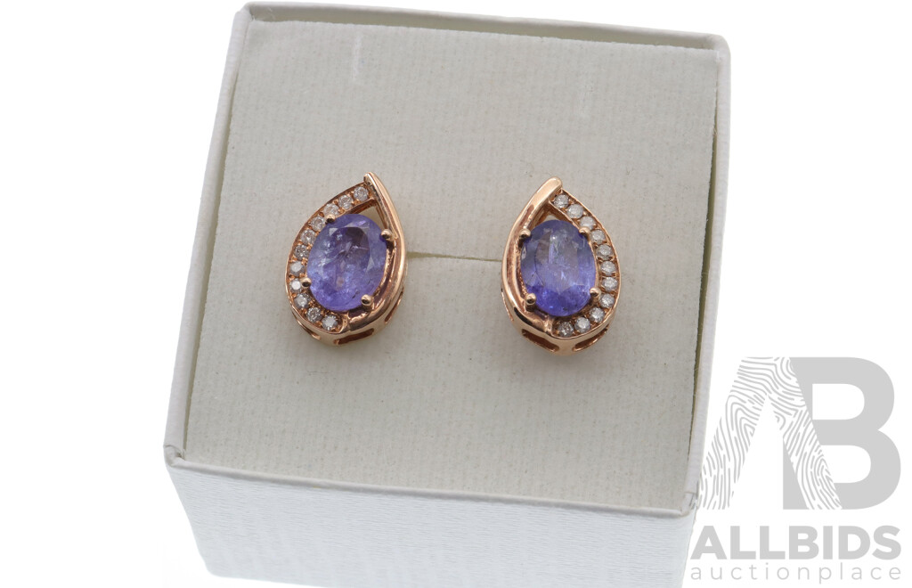 14ct Rose Gold Tanzanite (3.02ct) & Diamond (0.20ct) Stud Earrings, 14mm X 10mm, 4.46 Grams