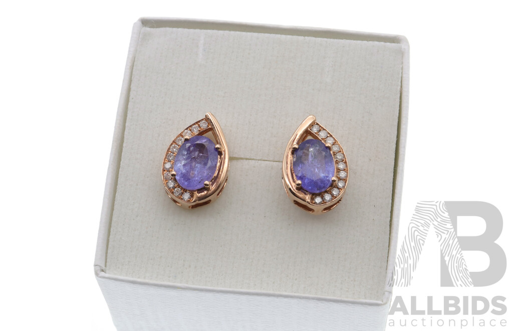 14ct Rose Gold Tanzanite (3.02ct) & Diamond (0.20ct) Stud Earrings, 14mm X 10mm, 4.46 Grams