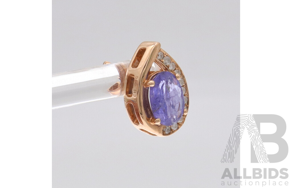 14ct Rose Gold Tanzanite (3.02ct) & Diamond (0.20ct) Stud Earrings, 14mm X 10mm, 4.46 Grams