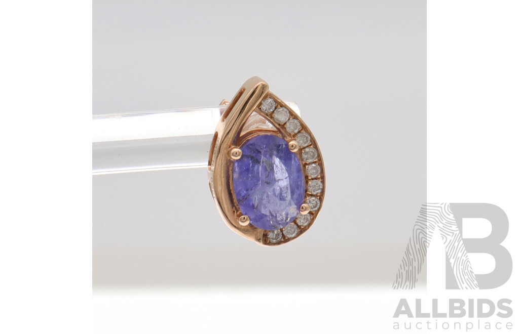 14ct Rose Gold Tanzanite (3.02ct) & Diamond (0.20ct) Stud Earrings, 14mm X 10mm, 4.46 Grams