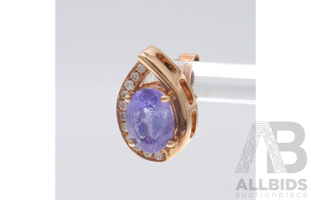 14ct Rose Gold Tanzanite (3.02ct) & Diamond (0.20ct) Stud Earrings, 14mm X 10mm, 4.46 Grams