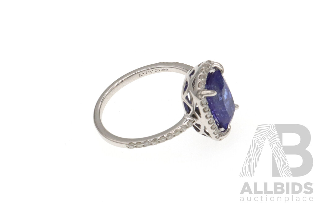 14ct Tanzanite (2.75ct) & Diamond (0.30ct) Ring, Size M, 3.71 Grams - NEW