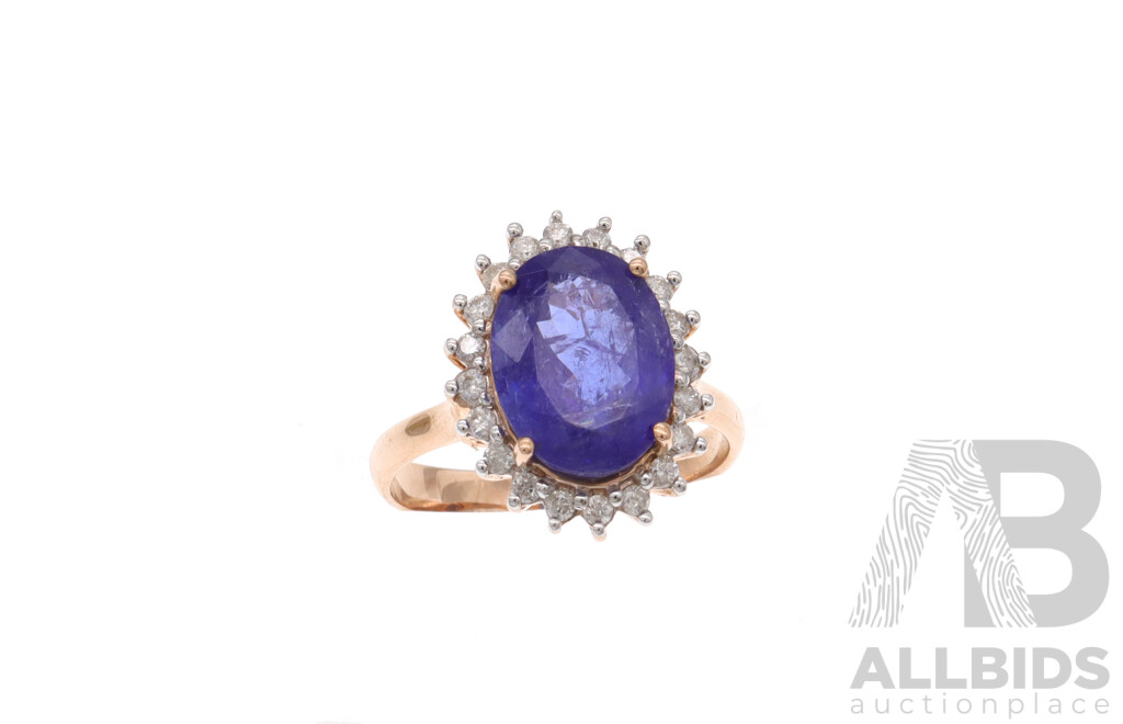 14ct Rose Gold Tanzanite (3.88ct) & Diamond (0.24ct) Ring, Size M, 4.34 Grams - NEW