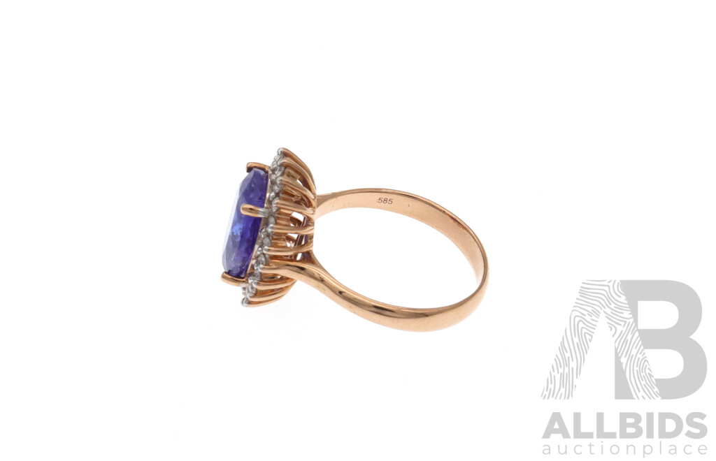 14ct Rose Gold Tanzanite (3.88ct) & Diamond (0.24ct) Ring, Size M, 4.34 Grams - NEW