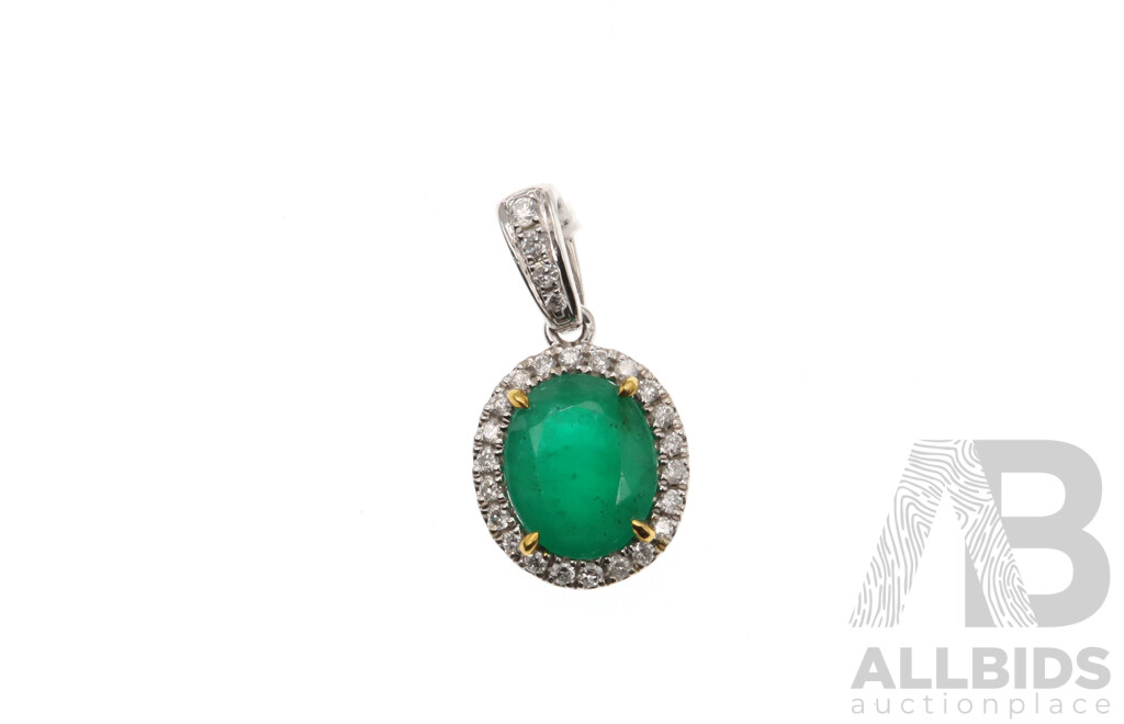 14ct White Gold Emerald (1.03ct) & Diamond (0.10ct) Set Pendant, 16mm Long, 0.94 Grams - NEW