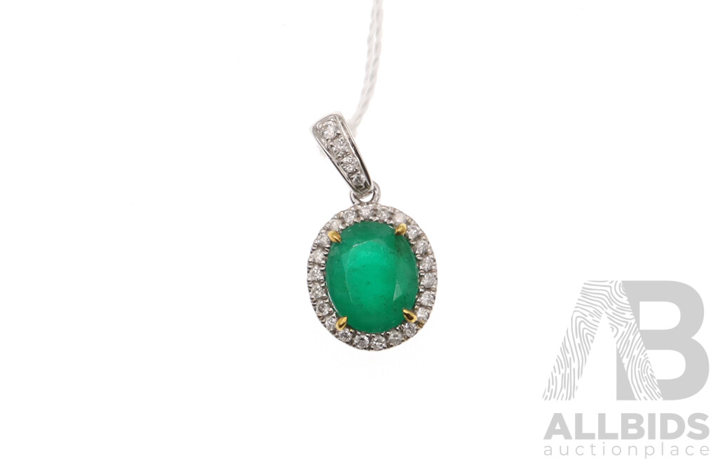 14ct White Gold Emerald (1.03ct) & Diamond (0.10ct) Set Pendant, 16mm Long, 0.94 Grams - NEW