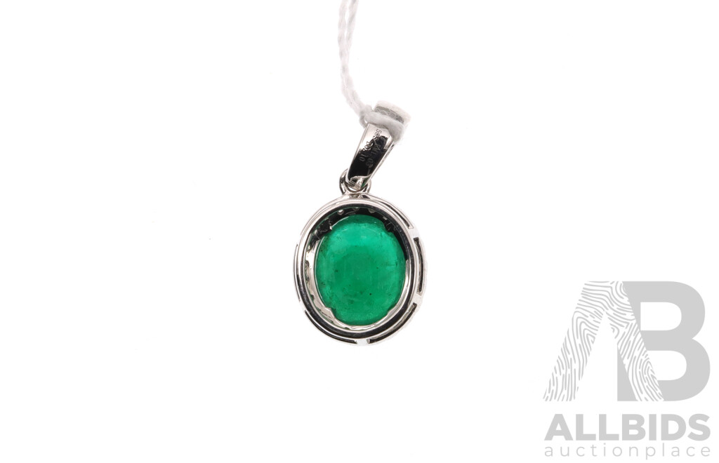 14ct White Gold Emerald (1.03ct) & Diamond (0.10ct) Set Pendant, 16mm Long, 0.94 Grams - NEW