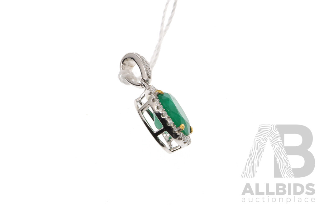 14ct White Gold Emerald (1.03ct) & Diamond (0.10ct) Set Pendant, 16mm Long, 0.94 Grams - NEW