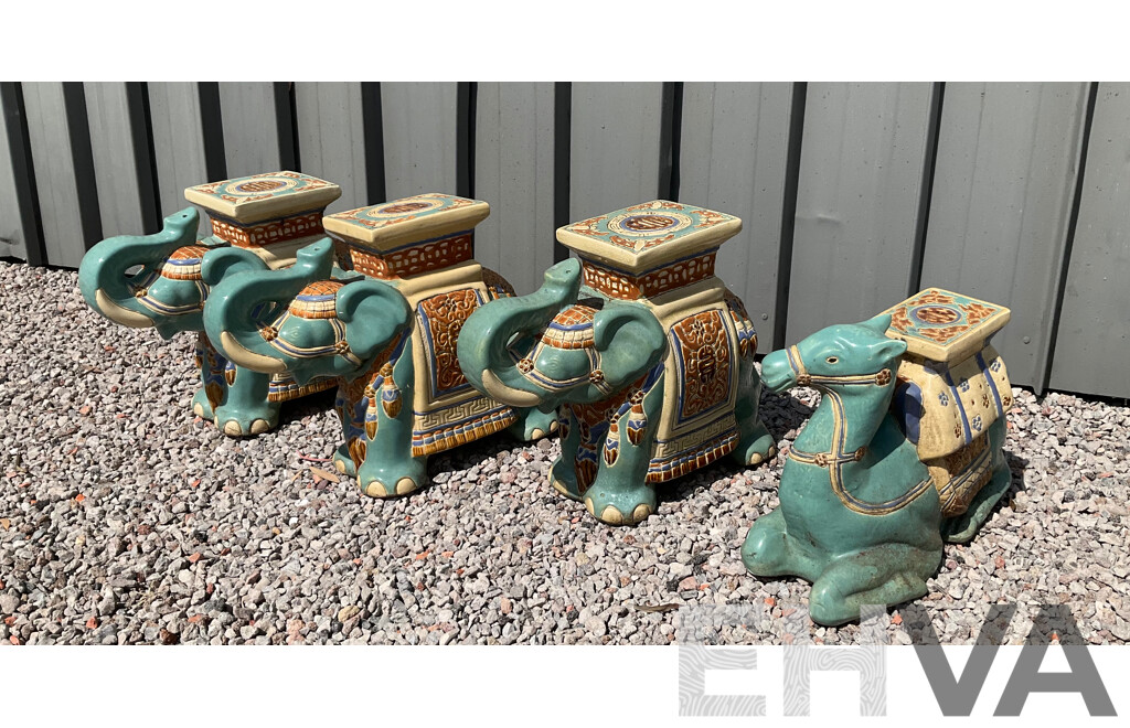 Vintage Garden Ceramic Elephant and Camel Plant Stand - Lot of 4