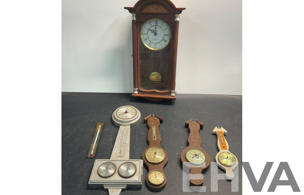 Vintage Wall Clock with 4 Barometer & 1 Thermometer