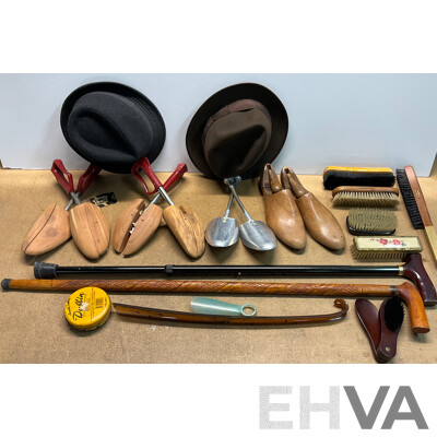 Vintage Wooden Shoe Shine Accessories, Hats and Walking Sticks