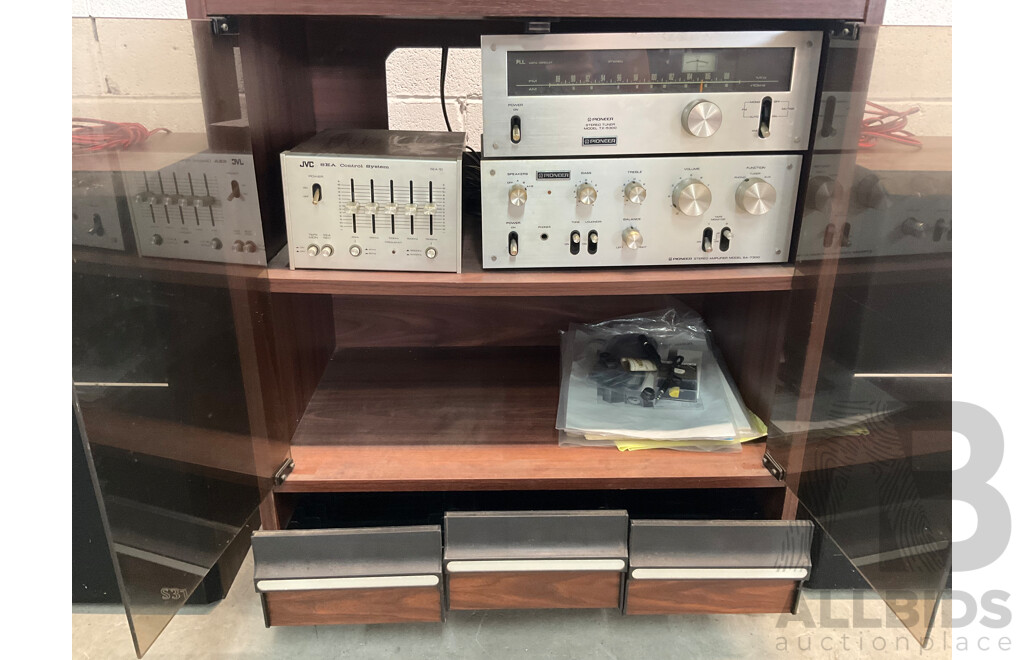 Vintage Audio Sound System Including JVC Stereo Turntable, 2 xPair of Sonics Speakers, JVC Control System and More