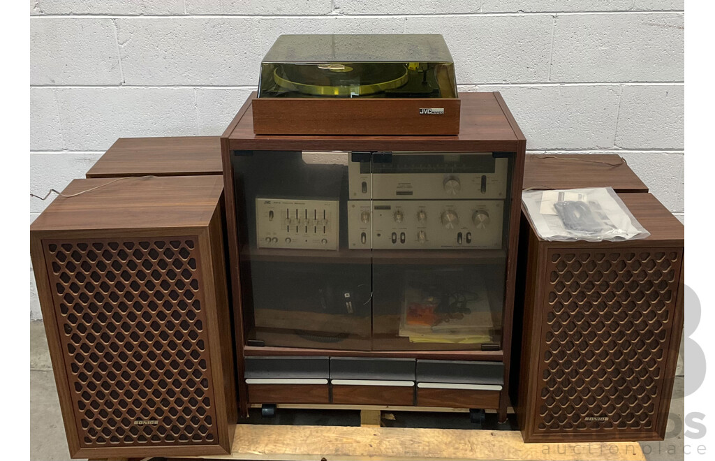 Vintage Audio Sound System Including JVC Stereo Turntable, 2 xPair of Sonics Speakers, JVC Control System and More