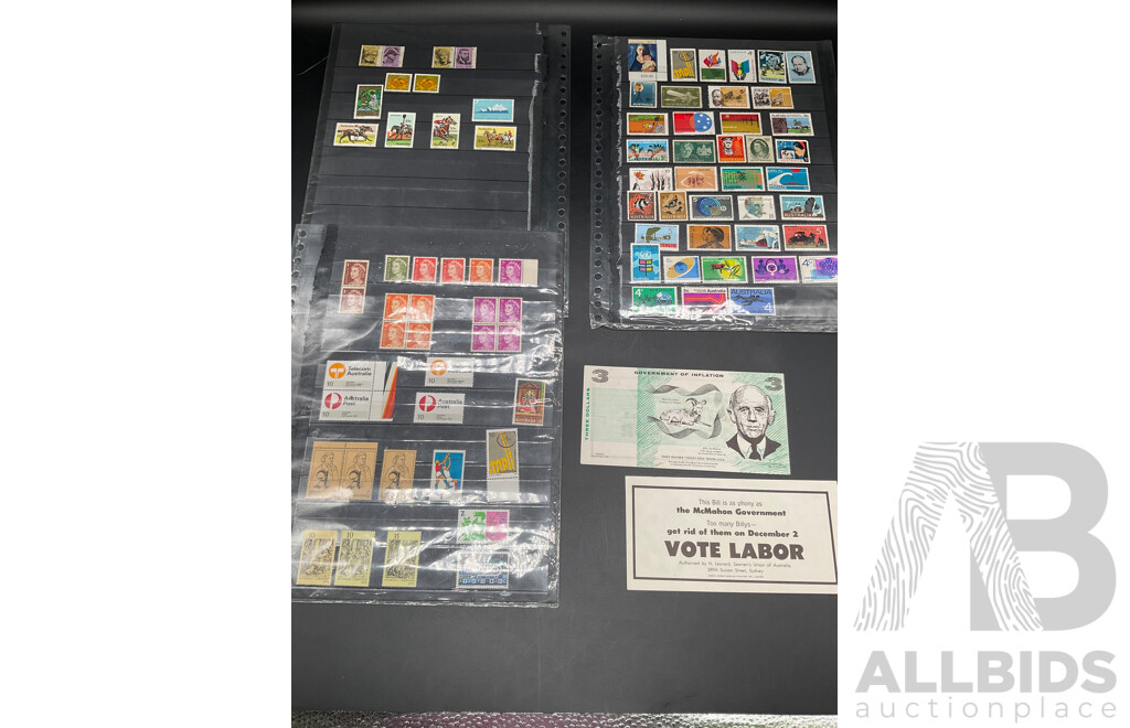 Collection of Australian  Mint Stamps - Including $3 Notes Used at Election Campaign in the Early 70s and More