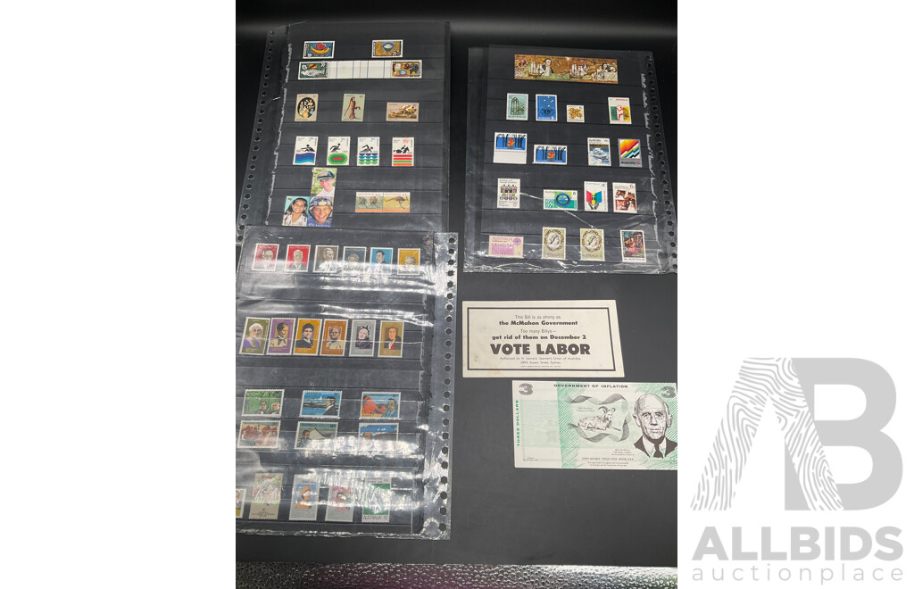 Collection of Australian  Mint Stamps - Including $3 Notes Used at Election Campaign in the Early 70s and More