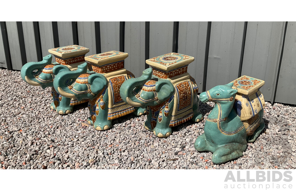 Vintage Garden Ceramic Elephant and Camel Plant Stand - Lot of 4