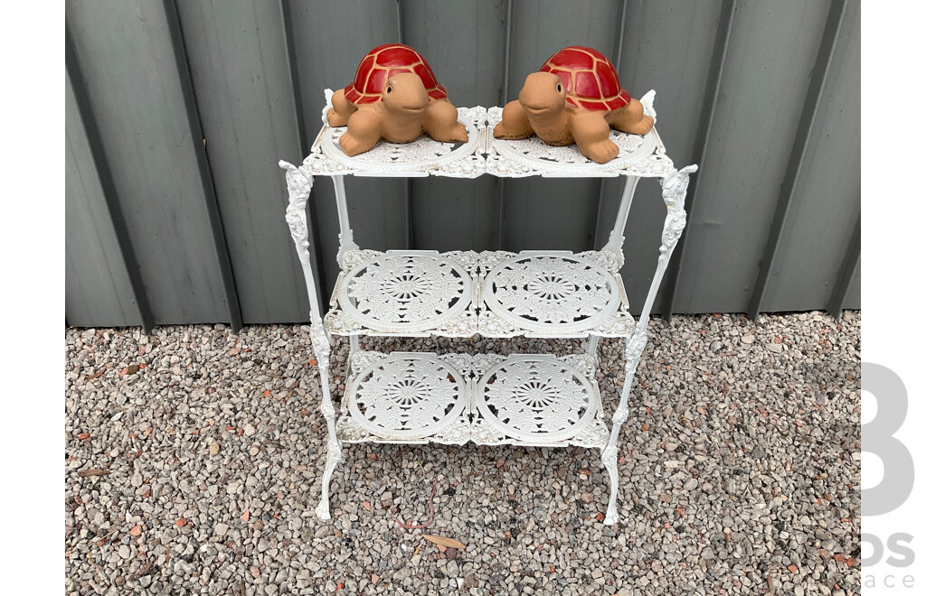 Vintage Garden White Plant Stand and Turtle Statue  - Lot of 3