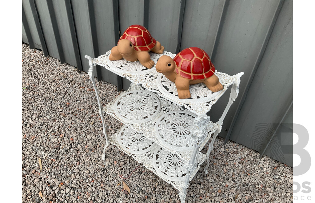 Vintage Garden White Plant Stand and Turtle Statue  - Lot of 3