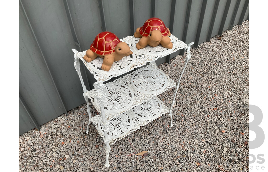 Vintage Garden White Plant Stand and Turtle Statue  - Lot of 3