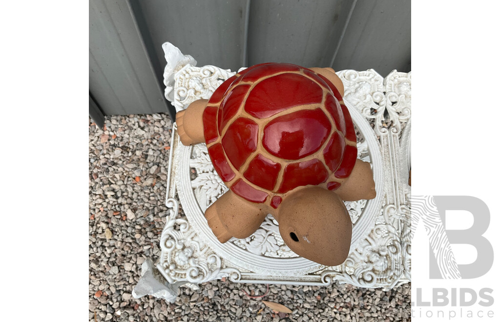 Vintage Garden White Plant Stand and Turtle Statue  - Lot of 3