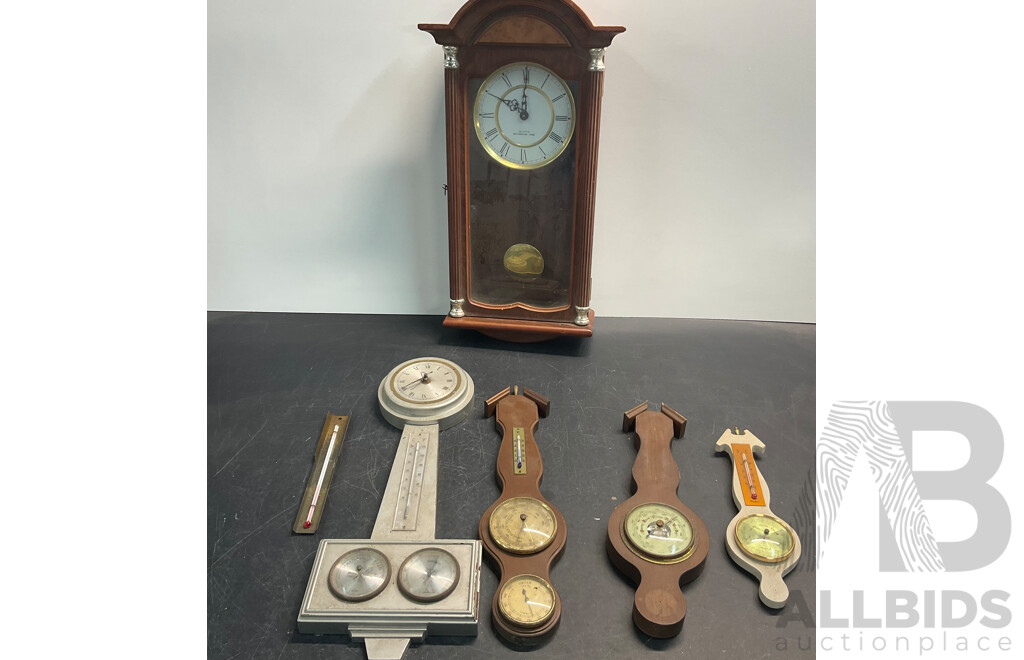 Vintage Wall Clock with 4 Barometer & 1 Thermometer