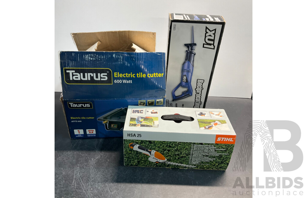 TAURUS Electric Tile Cutter & STIHL HSA25 Garden Shears & XU1 Reciprocating Saw