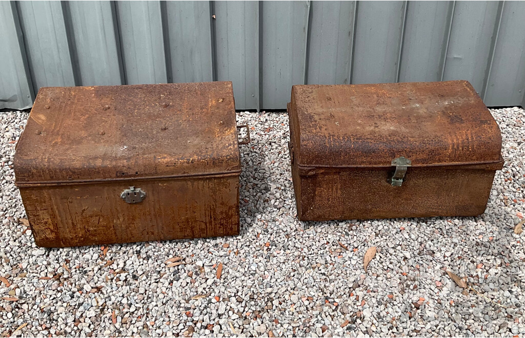 Vintage Wolverhampton Japan Works Metal Chest & 2x Large Rusty Metal Chest Box