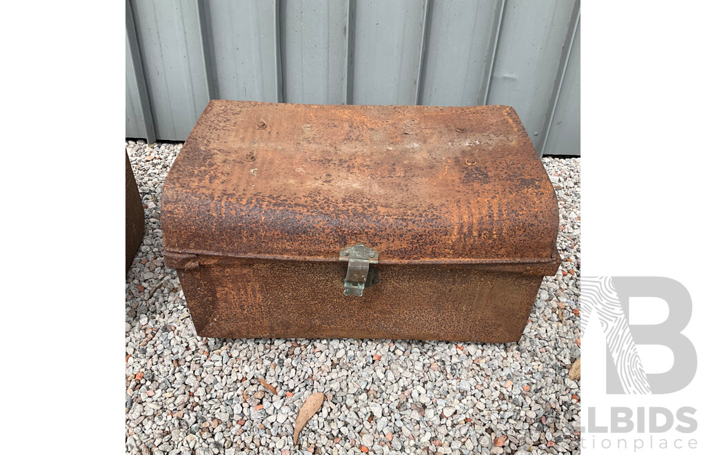 Vintage Wolverhampton Japan Works Metal Chest & 2x Large Rusty Metal Chest Box