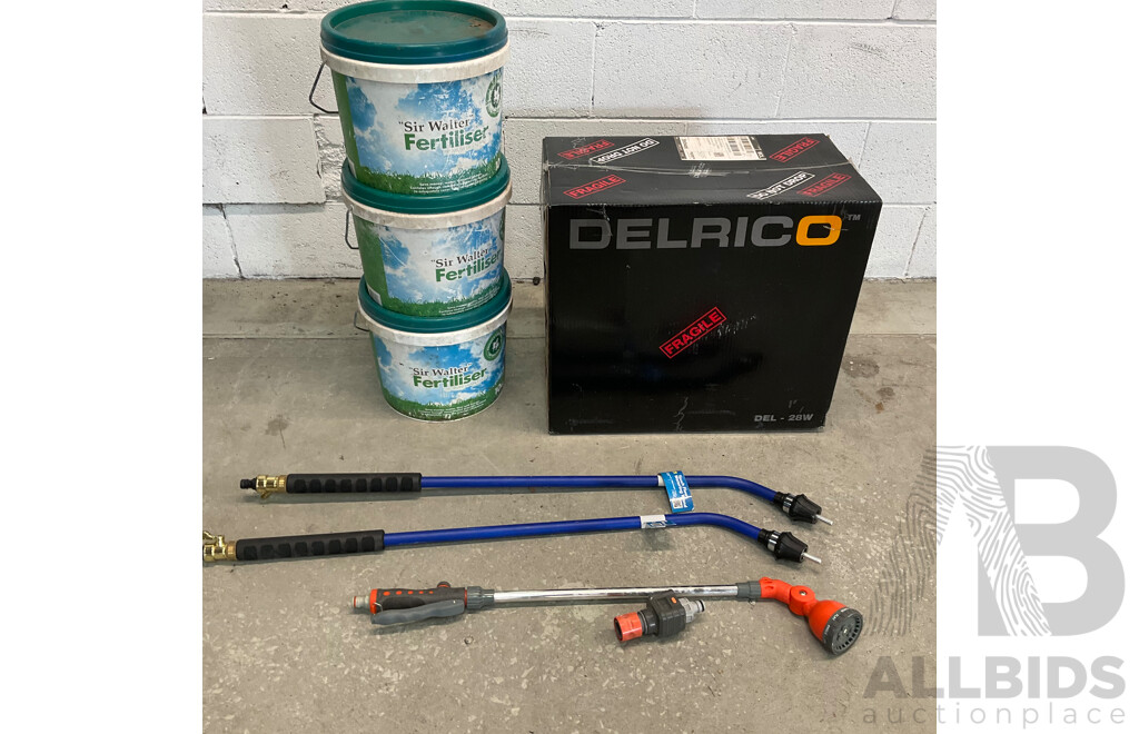 DELRICO DEL-28W Hose Reel Retractable 25mtr & 3x SIR WALTER10 KG Fertiliser & GARDENA Smart Flow Water Meter & Assorted of Watering Wand