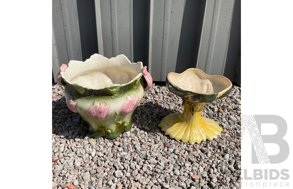 Vintage Decorative Pink Tulip & Yellow Vine Design Pottery