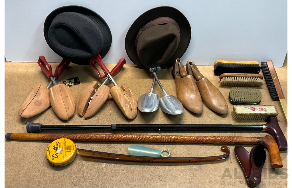 Vintage Wooden Shoe Shine Accessories, Hats and Walking Sticks