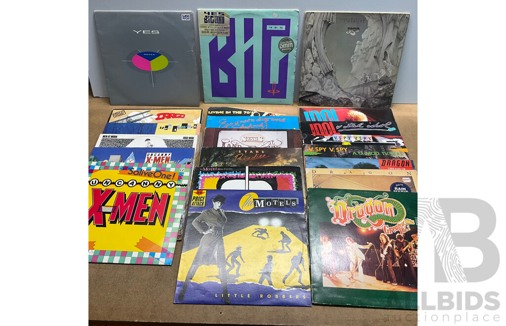 Collection of 21 Vintage Vinyl LP Records - Including YES, Billy Idol, V.Spy V. Spy, Dragon and Much More