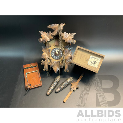 Vintage Moving Bird Cuckoo Clock, Spider Candy Box and Mouse Trap - Lot of 3