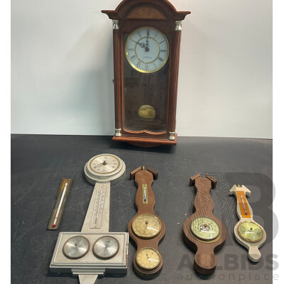 Vintage Wall Clock with 4 Barometer & 1 Thermometer