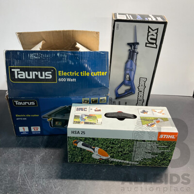 TAURUS Electric Tile Cutter & STIHL HSA25 Garden Shears & XU1 Reciprocating Saw