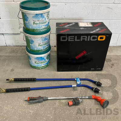 DELRICO DEL-28W Hose Reel Retractable 25mtr & 3x SIR WALTER10 KG Fertiliser & GARDENA Smart Flow Water Meter & Assorted of Watering Wand