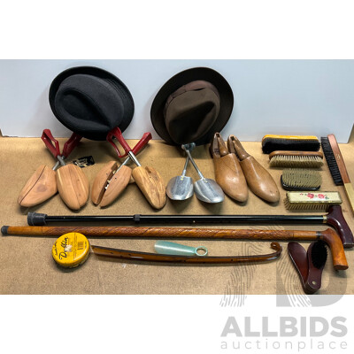 Vintage Wooden Shoe Shine Accessories, Hats and Walking Sticks