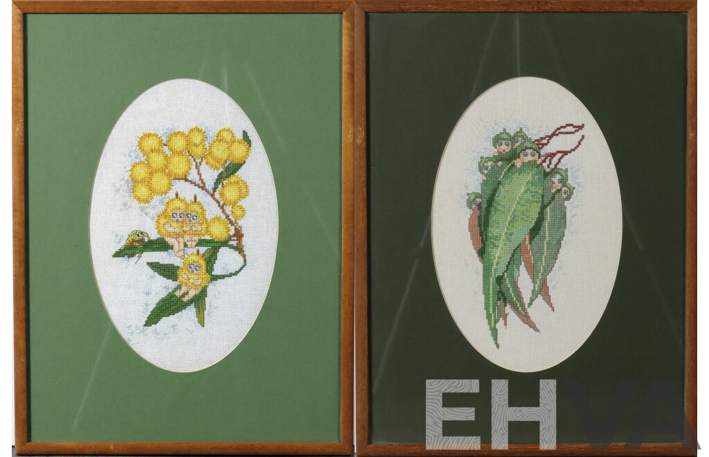 Pair of May Gibbs' Cross Stitch Tapestries - Gumnut Babies and Wattle Babies, 47 x 35 cm (frames) (2)