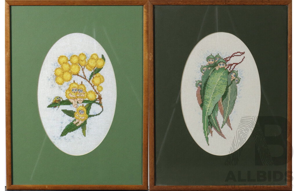 Pair of May Gibbs' Cross Stitch Tapestries - Gumnut Babies and Wattle Babies, 47 x 35 cm (frames) (2)